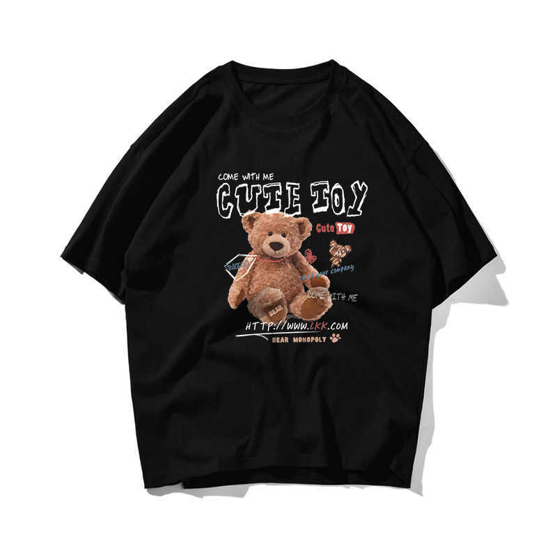 Plush Bear Hip Hop Oversize T Shirt Men Streetwear Graffiti Harajuku Tshirt Half Sleeve Cotton Loose HipHop T-Shirt Couple 210603