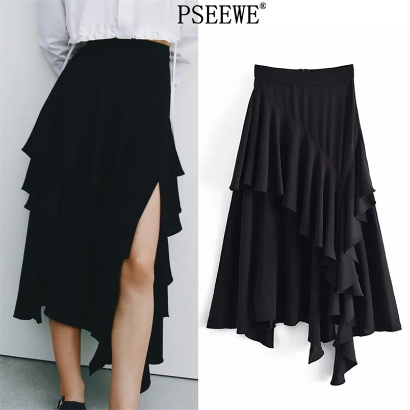 

Black Frilled Long Skirts Woman Fashion Ruffle High Waist Midi Women Asymmetric Hem Side Slit Summer 210519