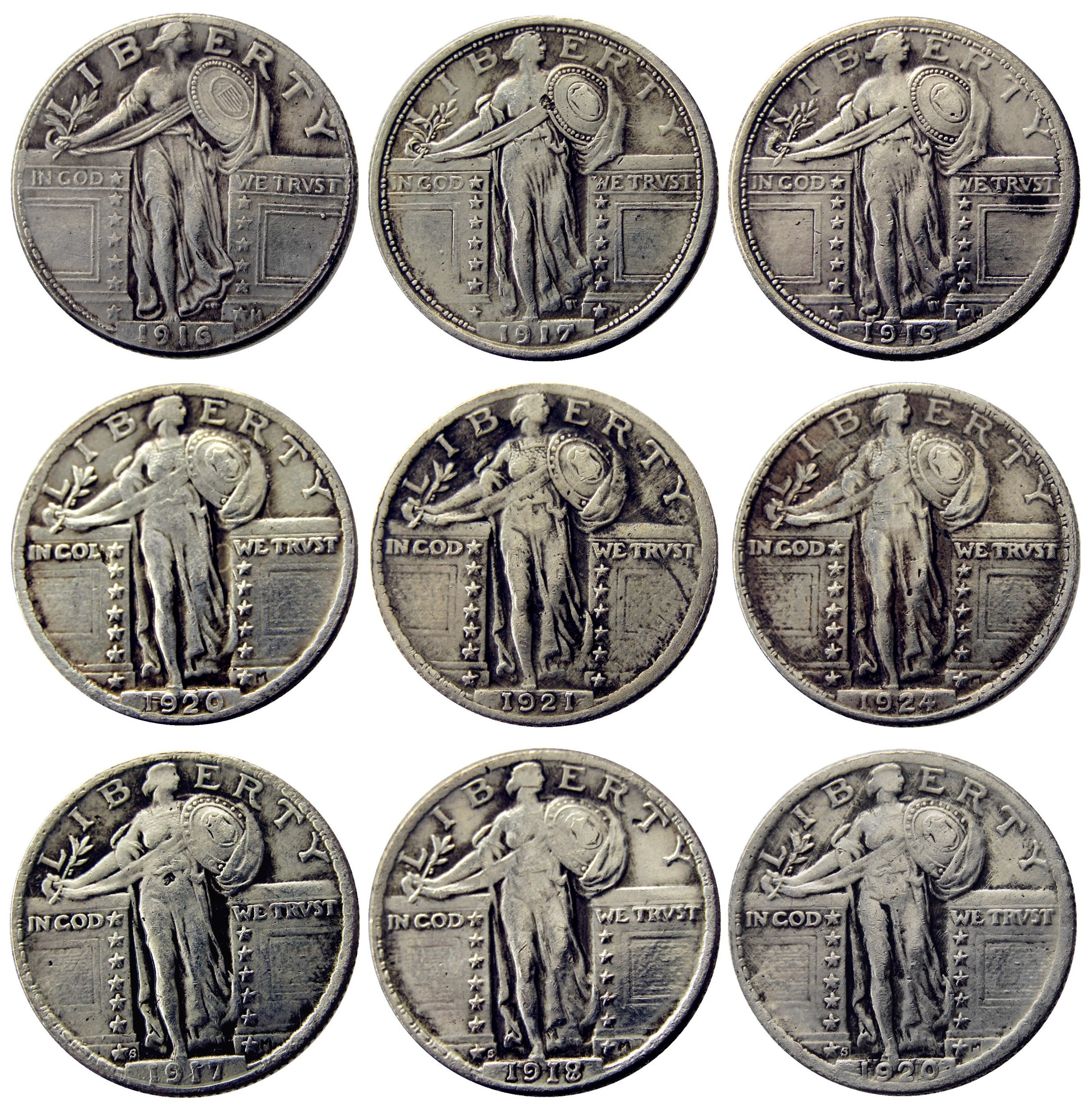 US Full Set (1916-1924-P-S) 9pcs Standing Liberty Quarter Dollar Craft Silver Plated Copy Coins metal dies manufacturing factory Price
US Full Set (1916-1924-P-S) 9pcs Standing Liberty Quarter Dollar Craft Silver Plated Copy Coins metal dies manufacturing factory Price