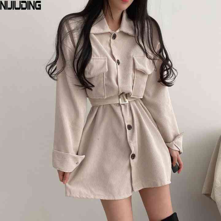 Retro Single-breasted Corduroy Women Mini Dresses Spring Autumn Long Sleeve Turn Down Collar Sexy Short Dress With Belt Pocket 210514