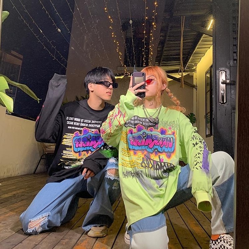 Fashion Korean Streetwear Women Men Punk Tops Tees Letter Printed Long Sleeve T Shirts Harajuku Hip Hop Clothing 210519
