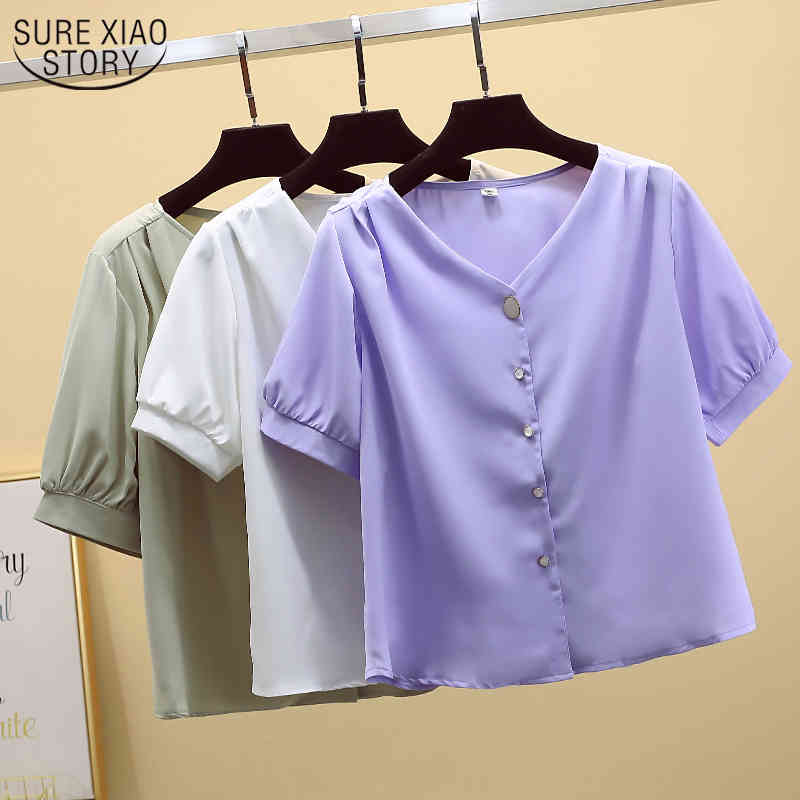 Korean Chiffon Blouse Simple V-neck Short Cardigan Shirts Women Summer Solid Sleeve Top Female Blusas 9881 210506