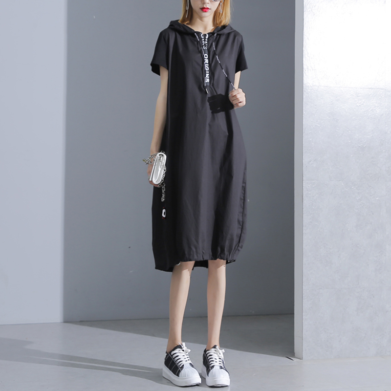 XITAO Hoodie Black Midi Dress Women Short Sleeve Plus Size Elegant Womens Clothing Pullover A Line Party Dress New KY428 210409