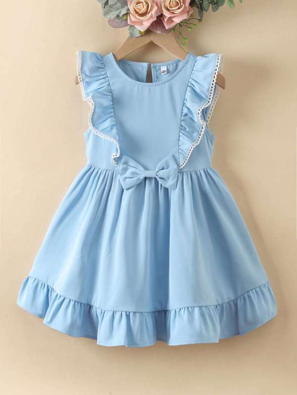 Toddler Girls Bow Front Guipure Lace Detail Ruffle Trim Dress SHE