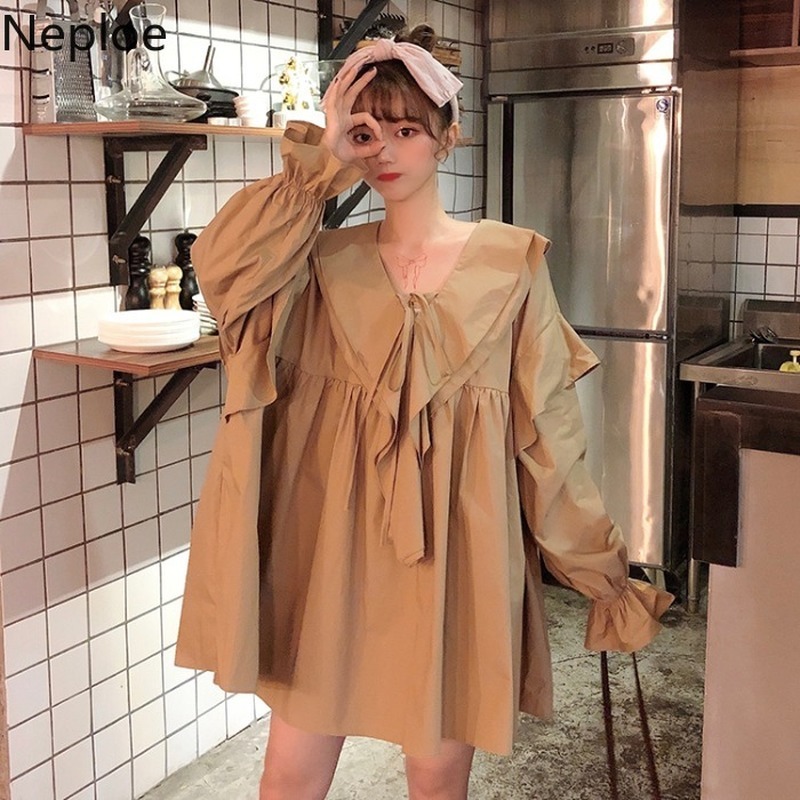 Neploe Women's Dress Ruffled Peter Pan Collar Loose Sweet Vestidos Spring Korean Style Temperament Plus Size Ruched Dresses 210422