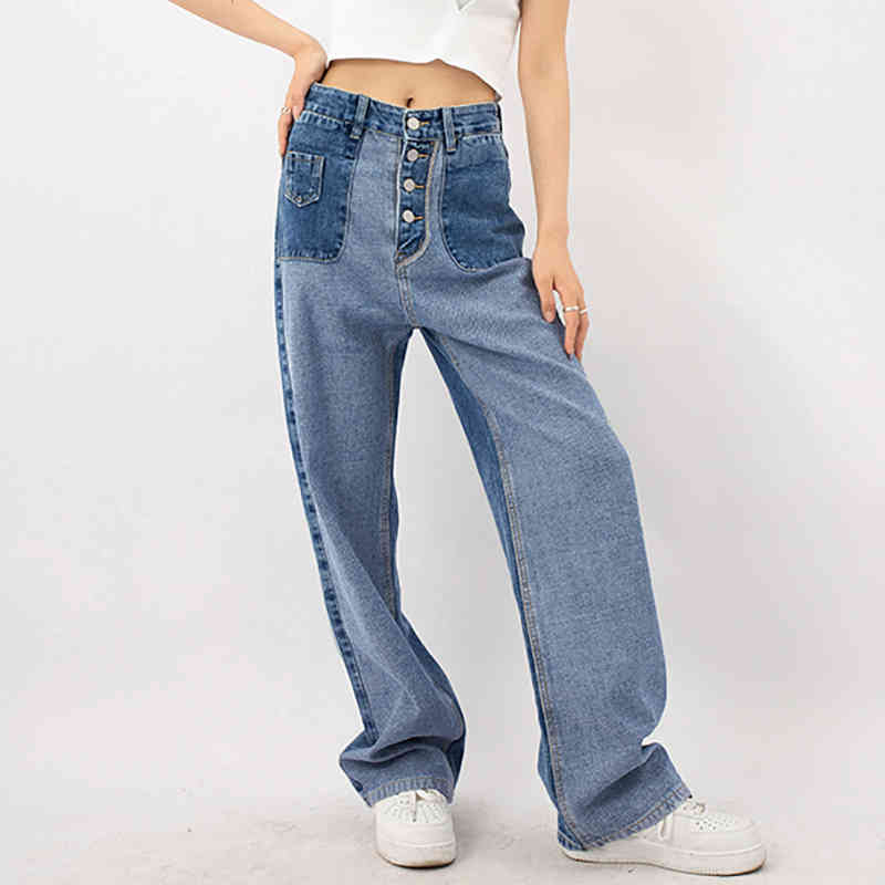 Streetwear Contrast Color Jeans Women's Summer High Waist Loose Thin Straight Denim Pants Female Tide 5E331 210427