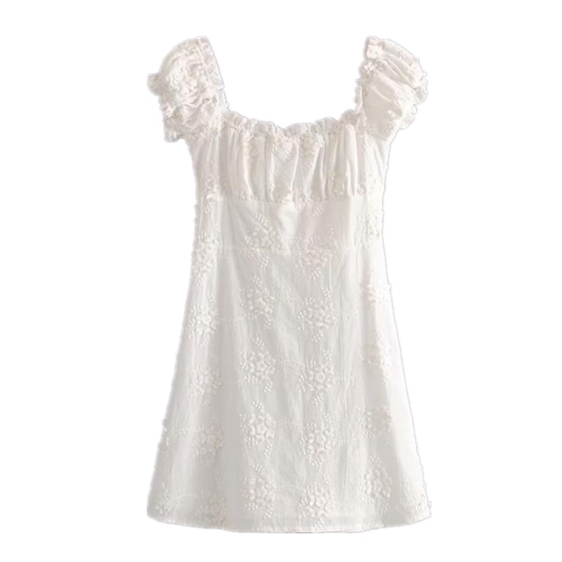 Vintage France style White 3D Embroidery Flower Women Dress Holiday Wood ears Ruffles Short Sleeve Tea Dresses 210429
