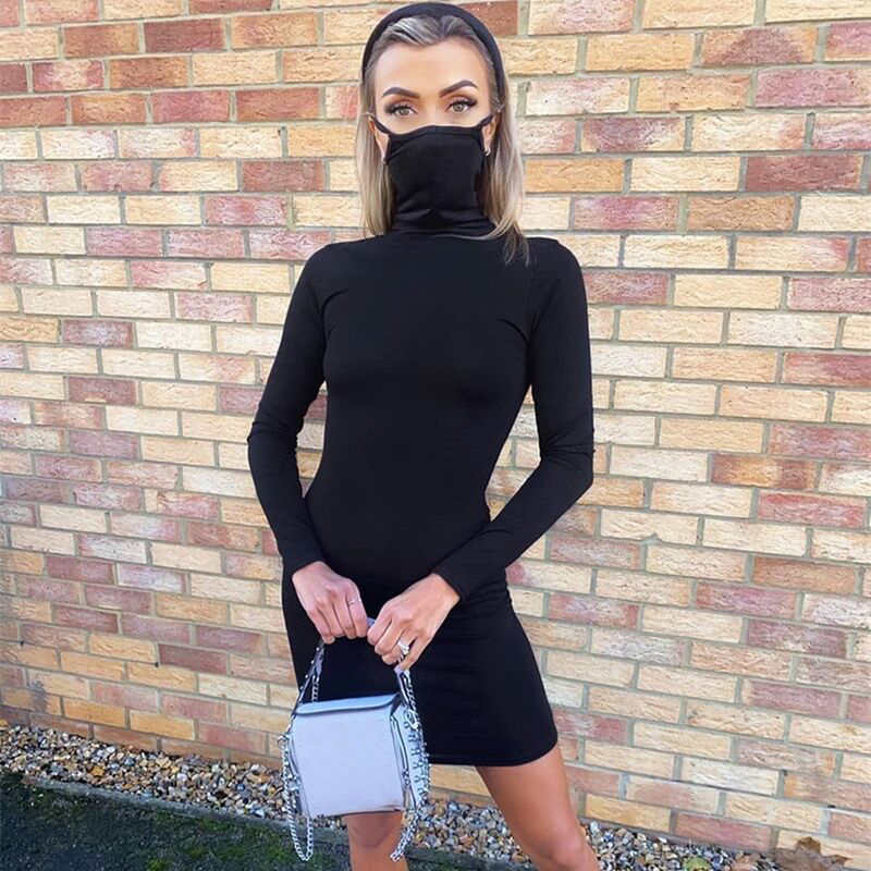Women' Casual Long Sleeve Middle Dress Turtle Neck Solid Outwear with Mask Hign Necks Pure Bodycon Short Dresses, Black
Women' Casual Long Sleeve Middle Dress Turtle Neck Solid Outwear with Mask Hign Necks Pure Bodycon Short Dresses, Black
