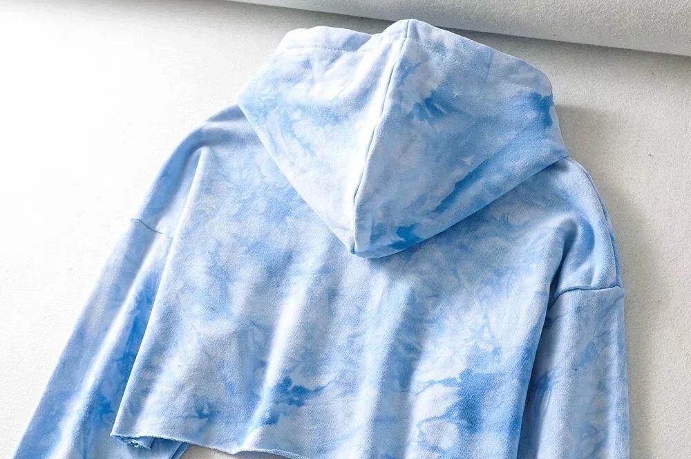 Autumn Rendering color Tie-die Long Sleeve Hoodies Cropped Hooded Sweatshirt Women High Waist Casual Jumper Short Sweats 210429