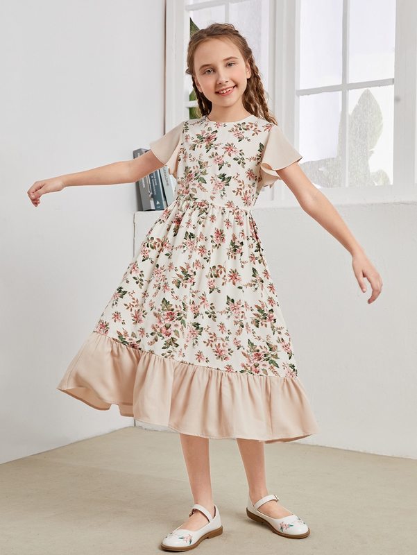 Girls Floral Print Ruffle Hem Dress SHE03