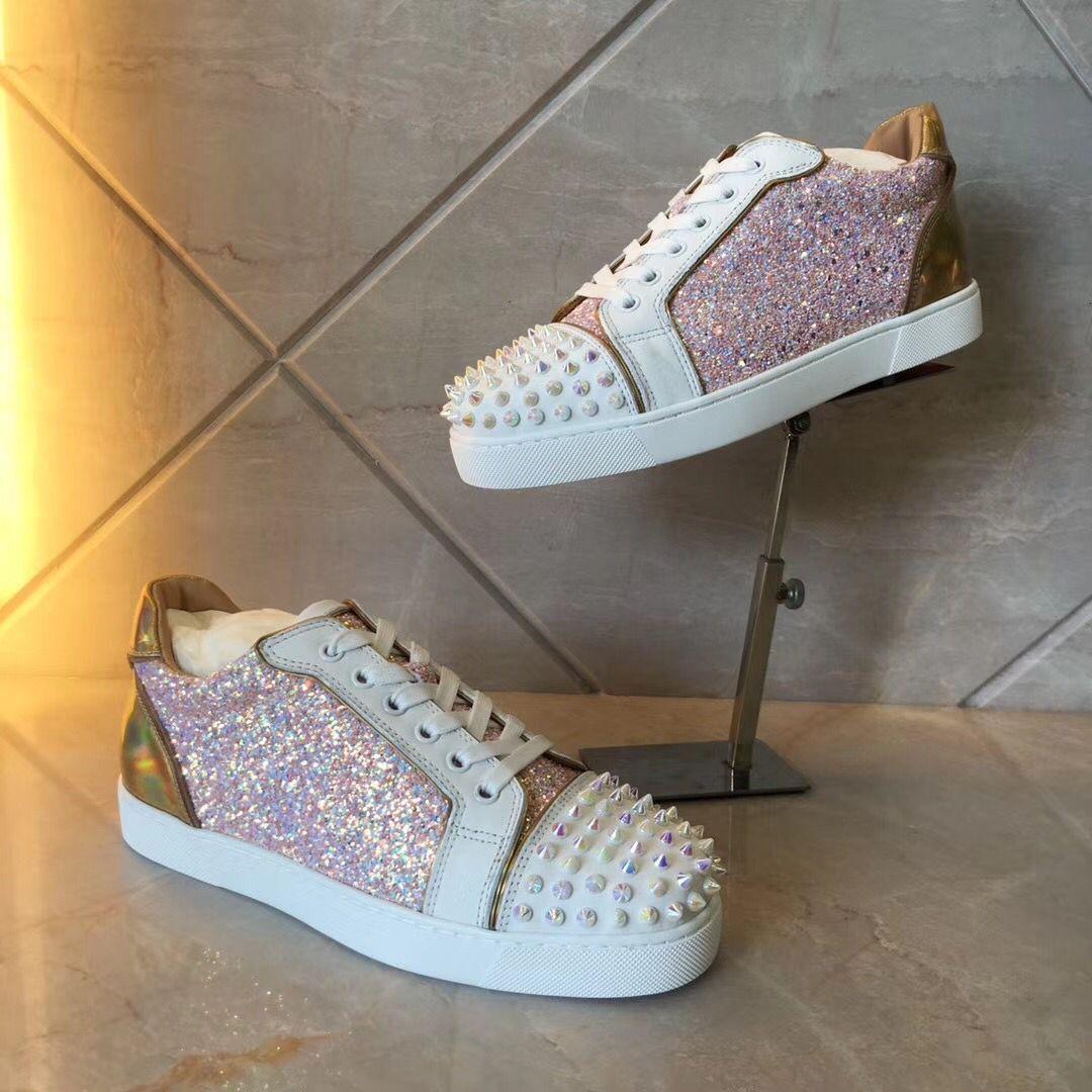 Shoes Louboutin CL Christian Top Luxury Fashion Men Woman Red Bottom Sneakers Shoes Lace-up Junior Spikes,Strass Red Sol BmQ, Blue;gray
