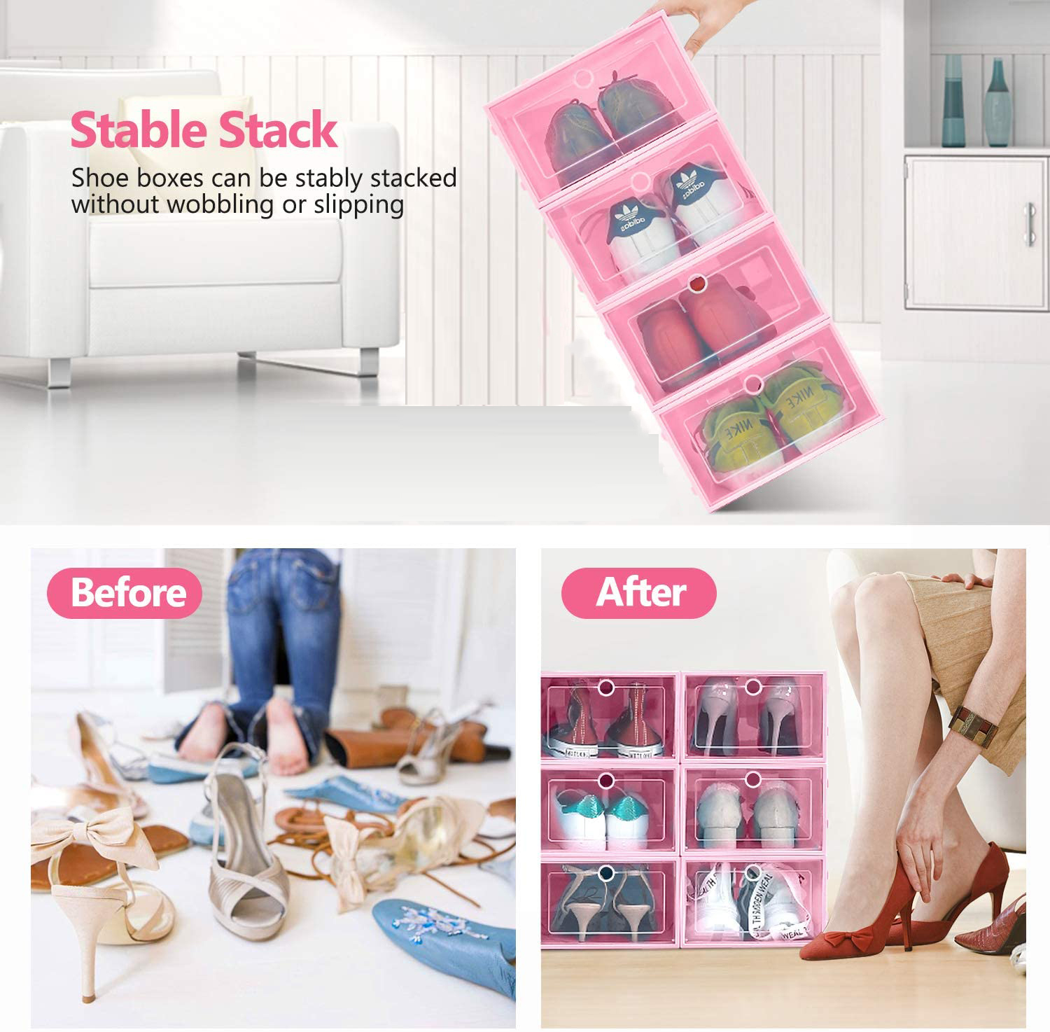 3 Pack Clear Plastic Shoe Box Dustproof Sneaker Storage Organizer Flip Transparent High Heels Boxes Candy Color Stackable Shoes Containers Case VT1017