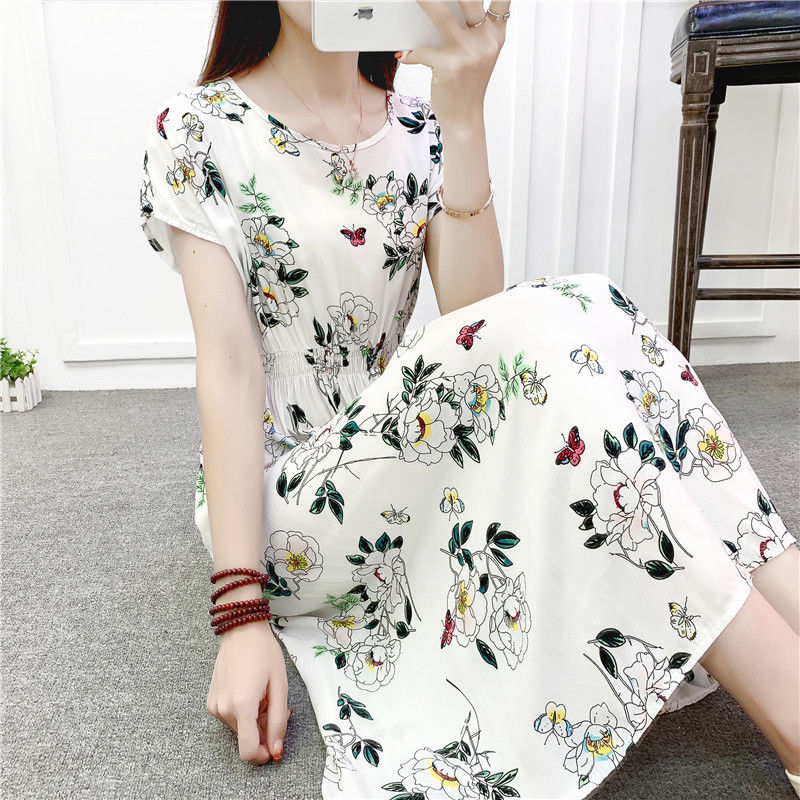 Summer Floral Print Midi Dresses Women Casual O Neck Short Sleeve Holiday Beach Elastic Waist Female Party Vestidos 210522