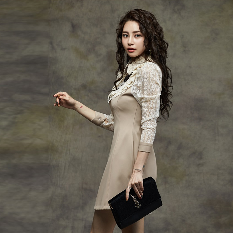 Women Fashion Temperament Slim Lapel Dress Lace Bow Patchwork Spring and Autumn Female es 210506