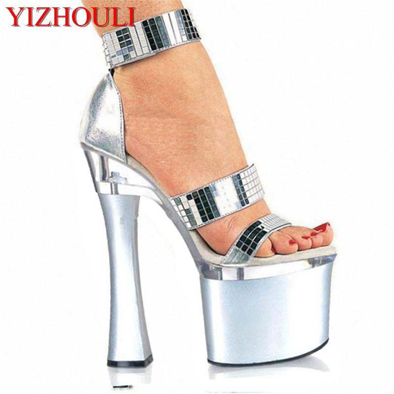 

Summer 7 Inch High Heel Shoes For Women Pole Dancing Sandals 18cm Silver Platform Strappy Heels Party Dress