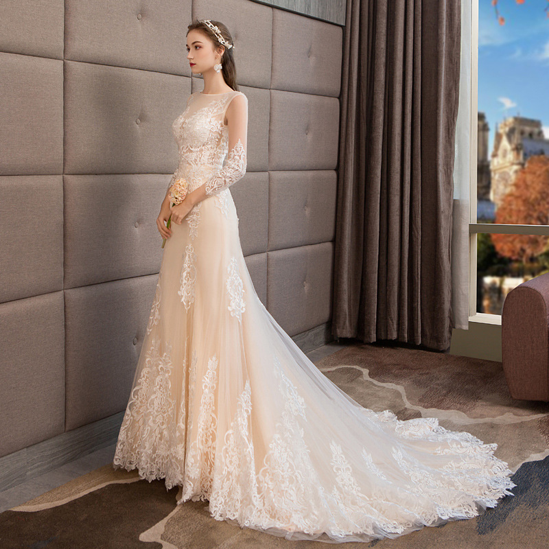 Vintage Long Sleeves Lace Mermaid Wedding Dresses Bridal Gowns Crew Neck Appliqued Court Train Autumn Winter Bride Dress Plus Size robe de mariée 2021