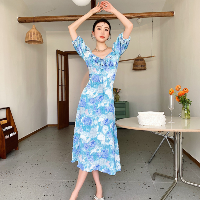 Women Dress Oil Painting Print Holiday Beach Long Puff Sleeve Temperament Fashion Summer Arrivals 2H703 210526