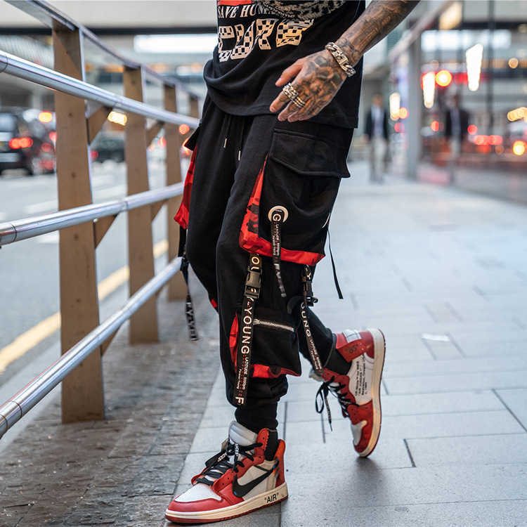 Men Hip Cargo Pants Streetwear Harajuku Joggers Sweatpants Tactical Pants Camouflage Pockets Buckle Ribbon Track Trousers 210527