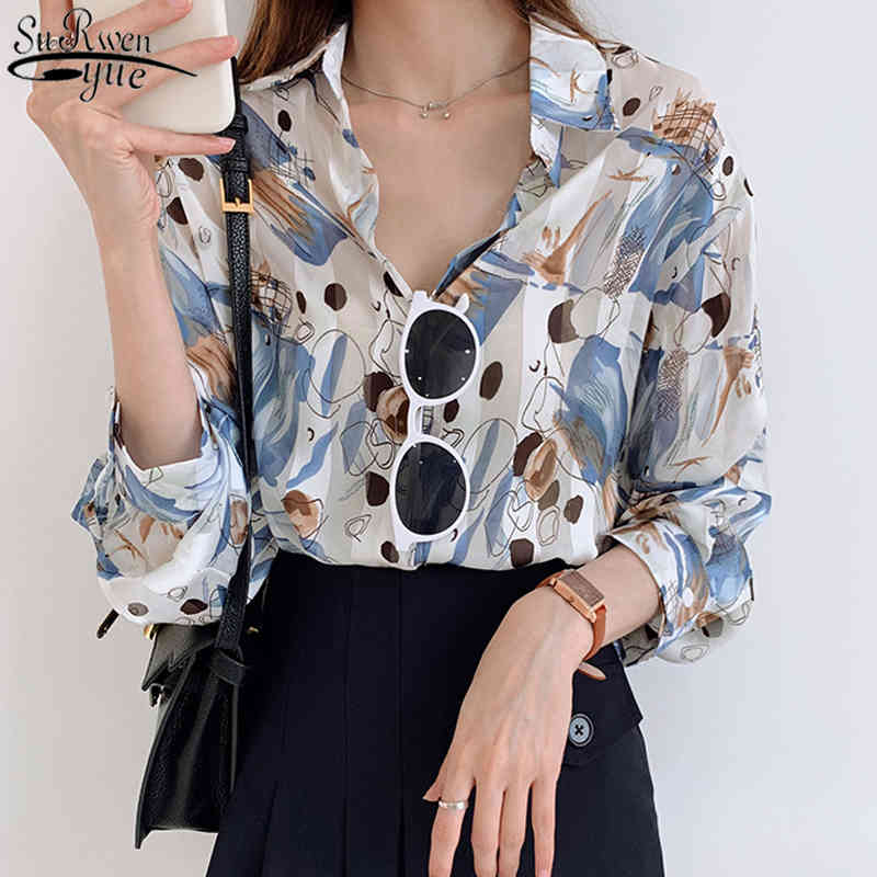Autumn Plus Size Shirt for Women Ladies Tops Clothes Long Sleeve Vintage Printed Chiffon Cotton Casual Cardigan 10288 210427