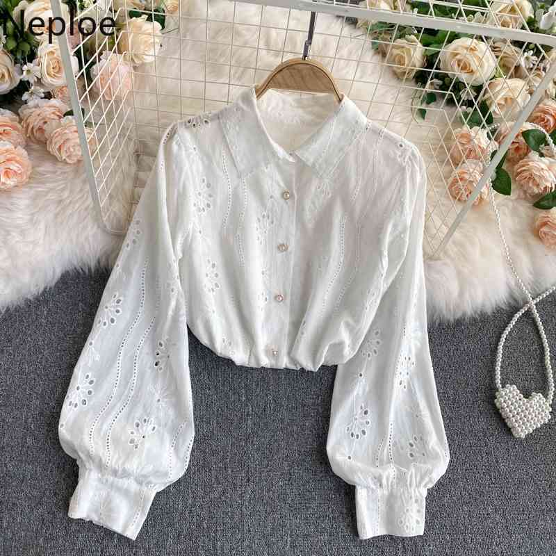 Neploe Chic Blouses Women Heavy Hollow Out Embroidery Shirts Lantern Sleeve Sweet White Blouse Korean Blusas Mujer De Moda 210422