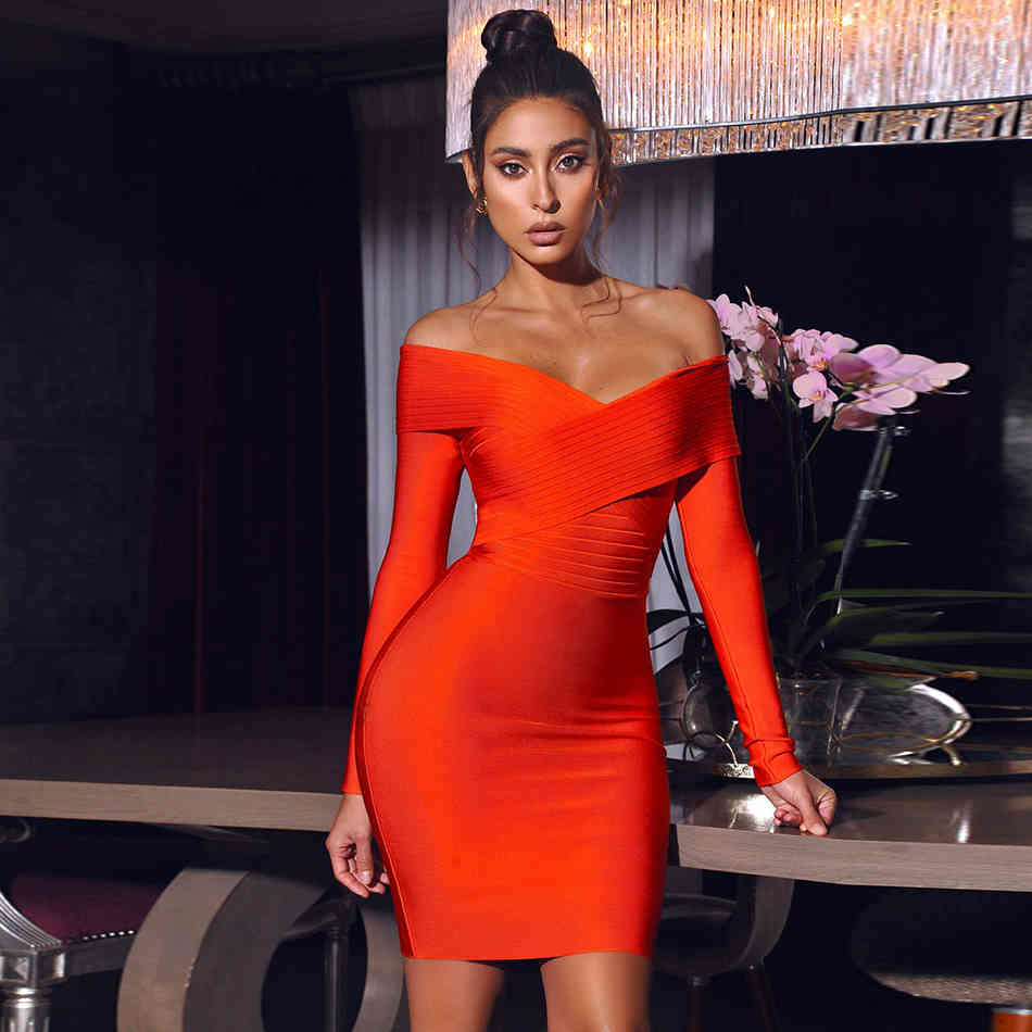 Free Women Bandage Dress Sexy V-neck Card Shoulder Long Sleeve Bodycon Club Night Party Mini Vestidos 210524