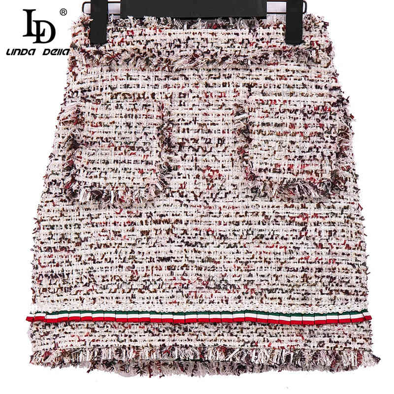 Autumn Tweed 2 Piece Sets Women's Lace Patchwork Slim Long Sleeve Coat and Tassels Short Skirt Suit 210522