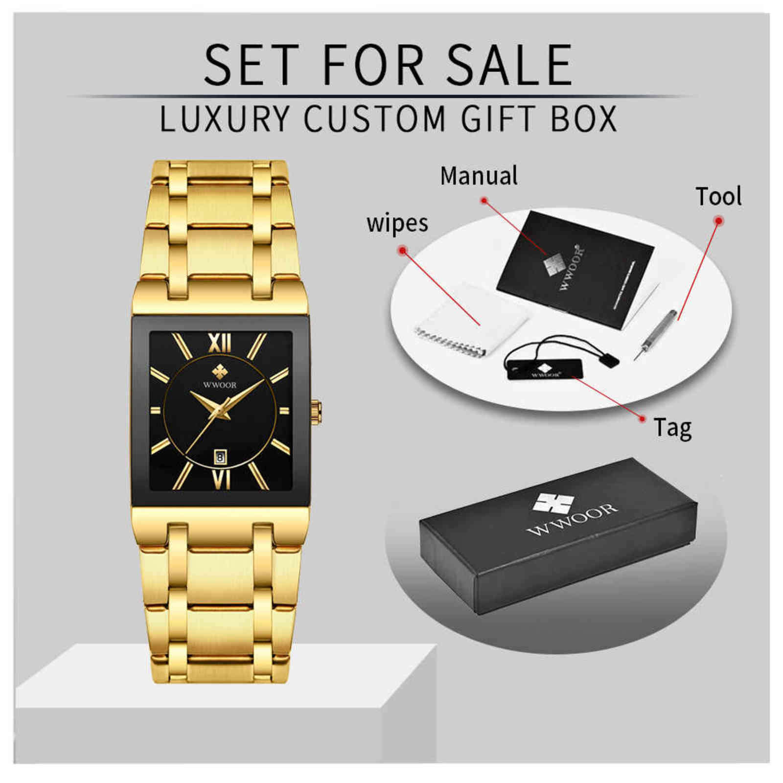 Relogio Masculino WWOOR Gold Watch Men Square Mens Watches Top Golden Quartz Stainless Steel Waterproof Wrist Watch 211124