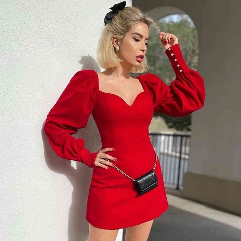 Winter Mini Wine Red Long Puff Sleeve Women Dress Sexy V Neck Velvet Buttons Lady Celebrity Evening Club Party 210423