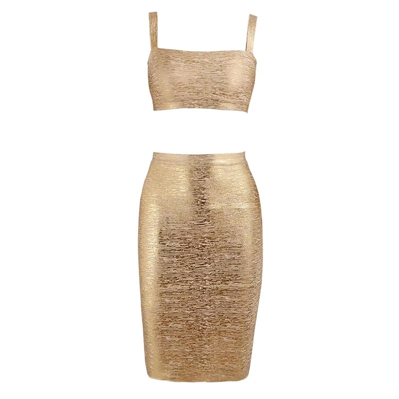 Summer Women's Two-Piece Bandage Dress Celebrity Party Sexy Bodycon Sleeveless Square Neck Gold Mini Skirt Vestidos 210525