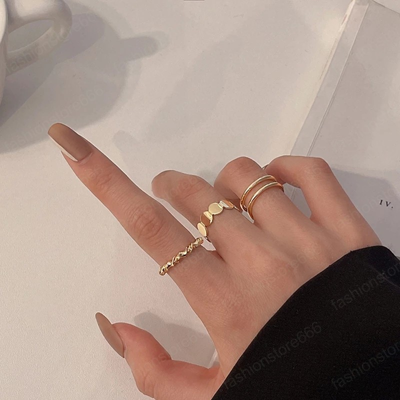 3PCS/Set Korea Punk Vintage Metal Chain Open Rings for Women Gold Silver Color Adjustable Wide Ring Set Party Jewelry Gifts