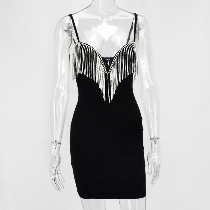 NewAsia Tassel Sequin Dress Women Diamond Fringe Deep V-neck Underwired Sexy Dresses Woman Party Night Club Bodyocn Dress White 210409