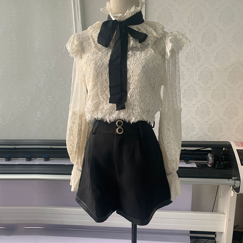 DEAT Women White Chiffon Lace Lantern Long Sleeve Loose Two-piece Suit With Shorts Loose Fit Fashion Tide Spring Autumn 210428