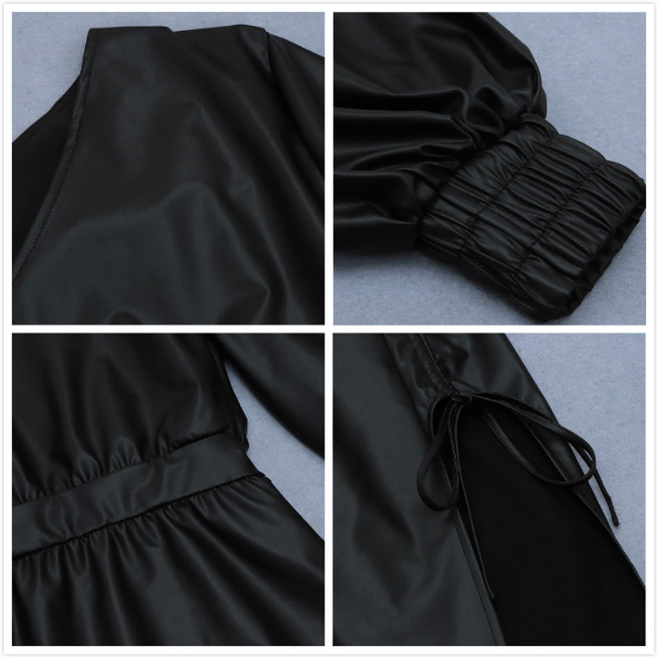 Free Women's PU Leather Midi Dress Sexy One Shoulder Long Sleeve Draped Lace-Up Split Club Party es 210524