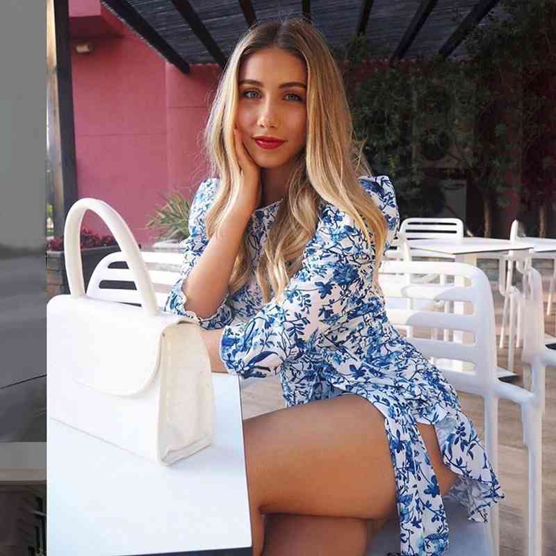 Europe station spring and Autumn Women's dress tie neck long sleeve print sexy slim back dress for women 210602