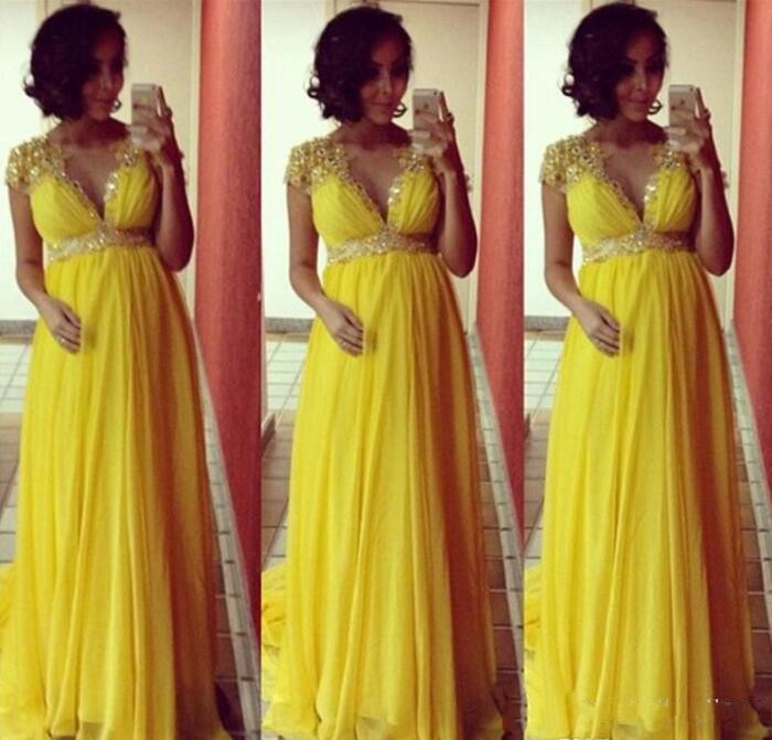 2021 Sexy Yellow Bridesmaid Dresses V Neck Cap Sleeves Crystal Beads Chiffon Empire Waist Maternity Pregnant Formal Wedding Guest Party Gowns Plus Size
2021 Sexy Yellow Bridesmaid Dresses V Neck Cap Sleeves Crystal Beads Chiffon Empire Waist Maternity Pregnant Formal Wedding Guest Party Gowns Plus Size