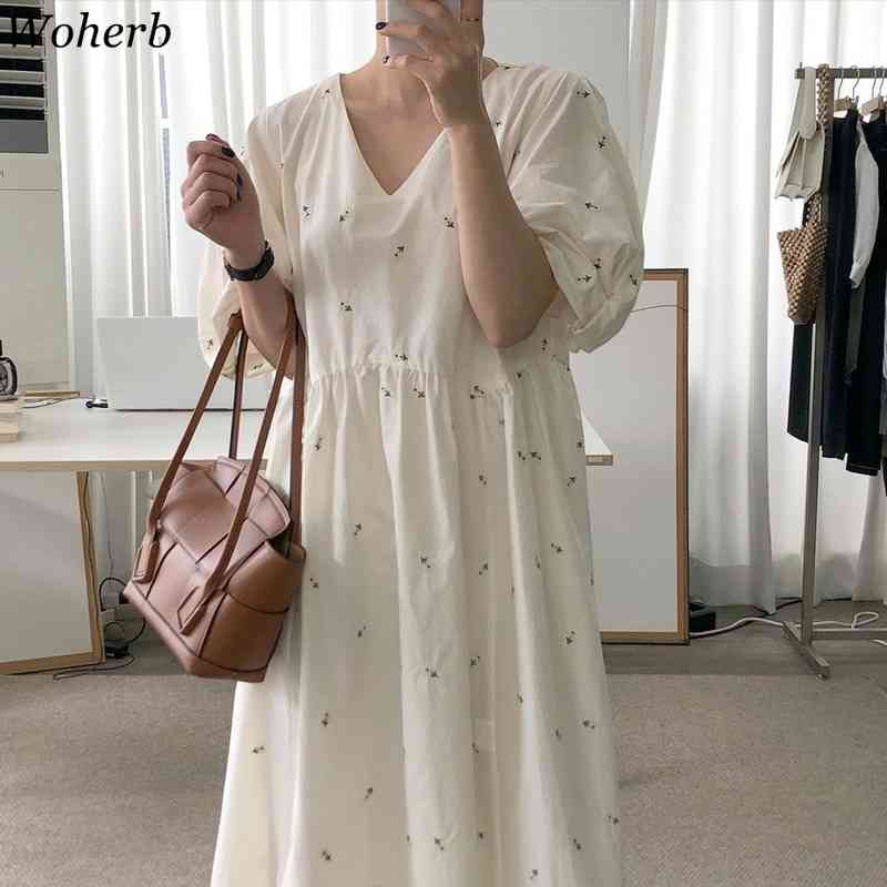 Summer Casual V-neck Long Dress Women Floral Embroidery Korean Loose Elegant Dresses Ladies Cute Chic Robe Vestidos 210519