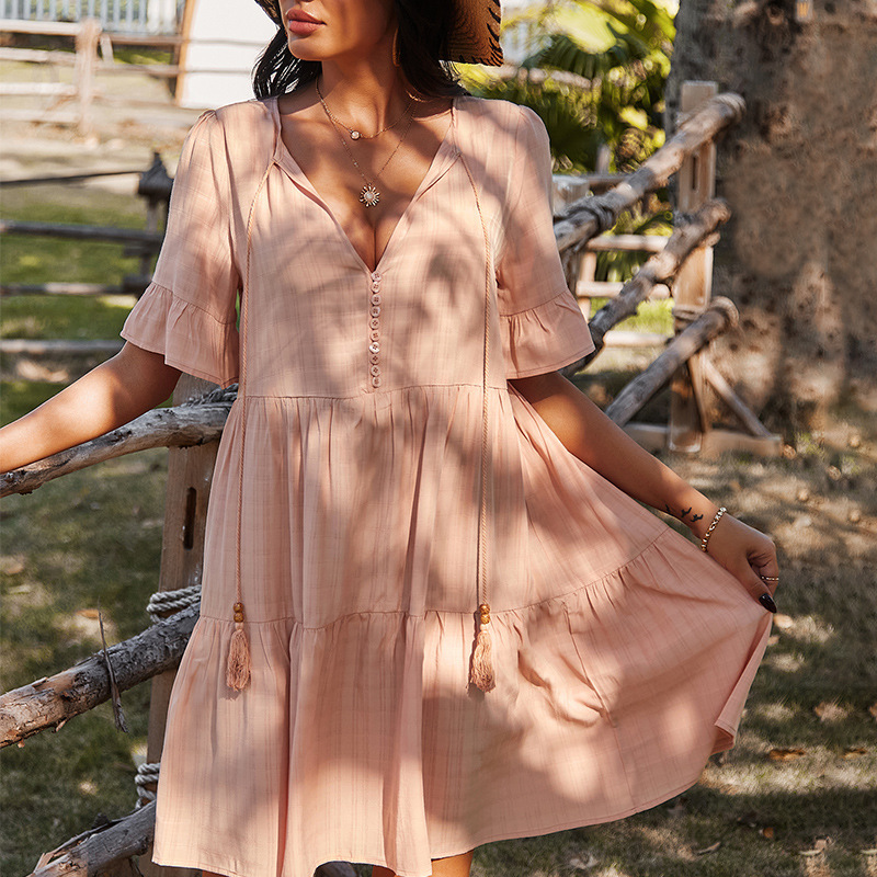 Solid High Waist Half Sleeve Dress Women Cotton Linen Holiday A-line Dress Spring Summer V-neck Vintage Loose Short Dresses 210521, Pink
Solid High Waist Half Sleeve Dress Women Cotton Linen Holiday A-line Dress Spring Summer V-neck Vintage Loose Short Dresses 210521, Pink