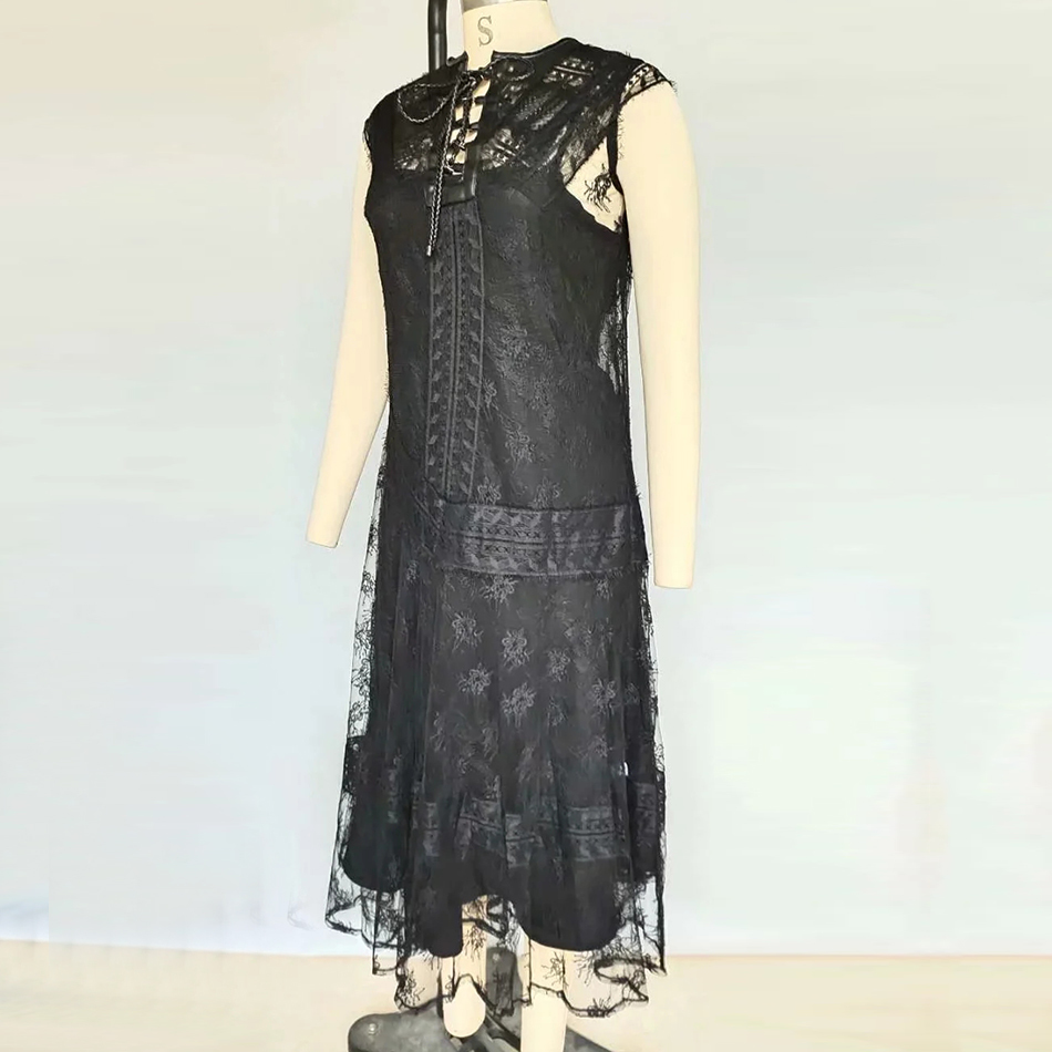 Black Lace Summer Fashion Party Vestidos Ladies Round Neck Embroidery Openwork Long Sexy Dress 210525