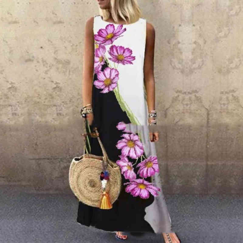 Sundress Women Summer Dress Print Floral Dress Midi Plus Size Casual Linen Loose Sleeveless printed Long Maxi Dress 210409