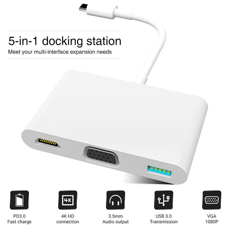 Hubs PP5A 5 In 1 Type C Hub 4K 1080P -Compatible + VGA PD 5Gbps USB Support 3.5mm Audio Output For Andorid Phone Computer
Hubs PP5A 5 In 1 Type C Hub 4K 1080P -Compatible + VGA PD 5Gbps USB Support 3.5mm Audio Output For Andorid Phone Computer
