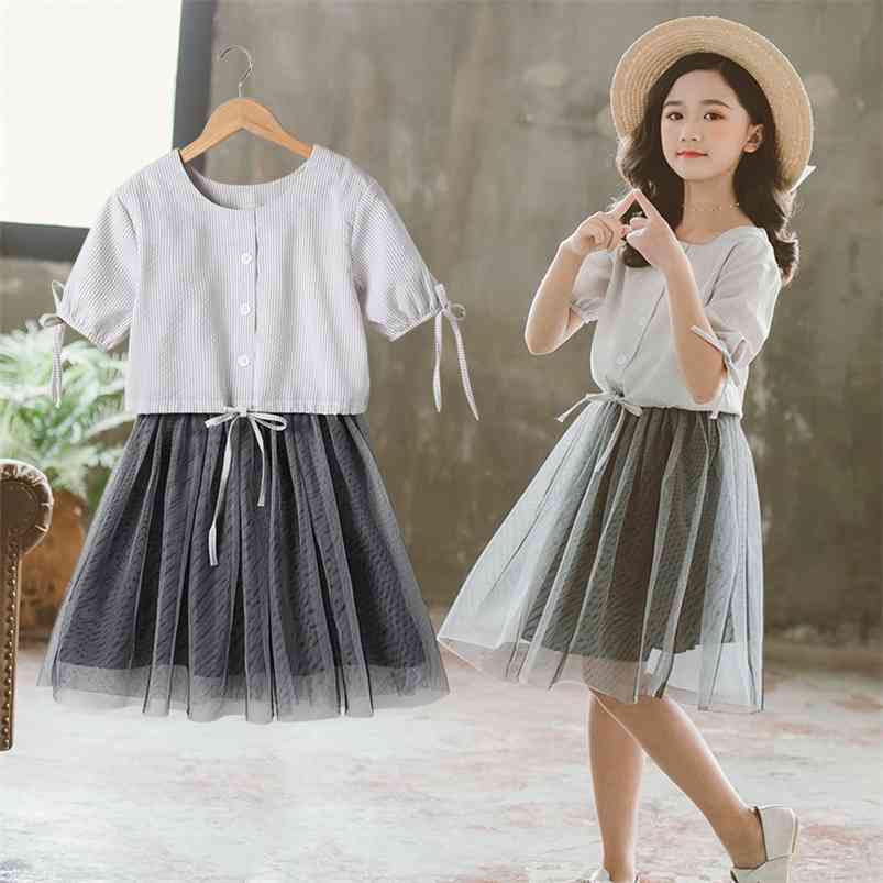 Summer Children Sets Casual Short Sleeve Single Breasted T-shirt Mesh Gray Dresses 2Pcs GirlsClothes 3-12T 210629, Blue
Summer Children Sets Casual Short Sleeve Single Breasted T-shirt Mesh Gray Dresses 2Pcs GirlsClothes 3-12T 210629, Blue