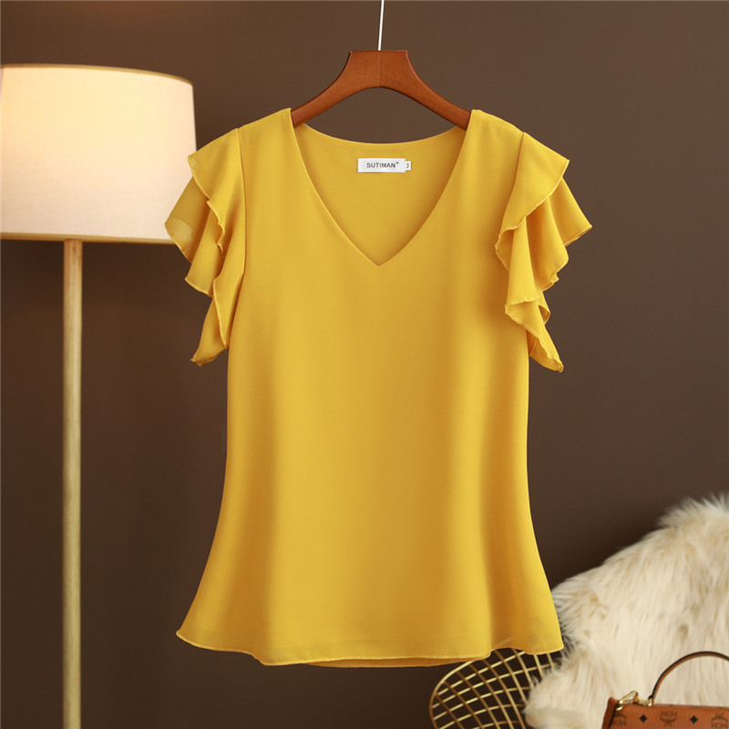 Chiffon Blouses Women Solid Ruffles V Neck Blusas Mujer All Match Casual Summer Tops M-6XL Shirts 16982 210415