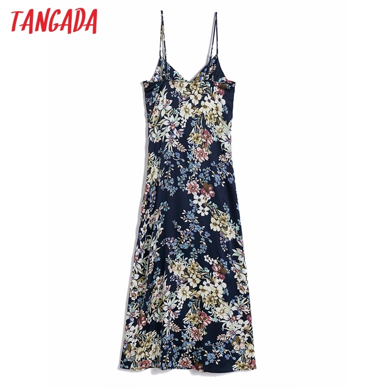 Summer Women Floral Print French Style Spaghetti Strap Ladies Midi Dress Vestidos 6H14 210416