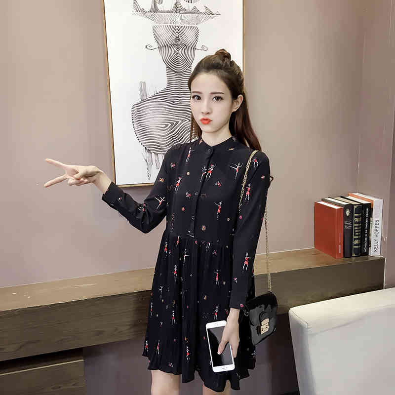 Spring Fashion Woman Long Sleeve Print Chiffon Dress Women Plus Size es Empire Button Pleated 2186 50 210518