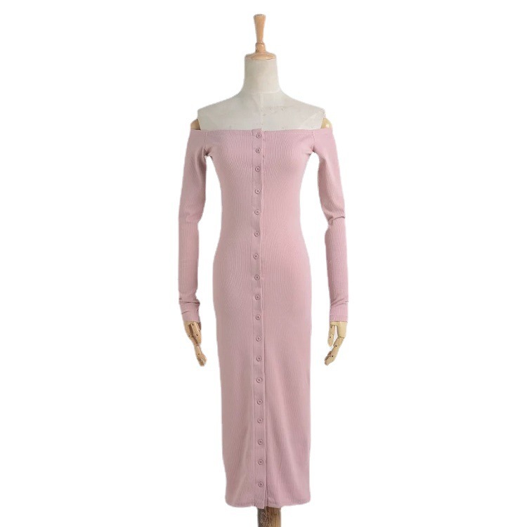 Women Dress Slash Neck Off Shoulder Knitting Dresses Long Sleeve Pink Black Gray Casual 210513