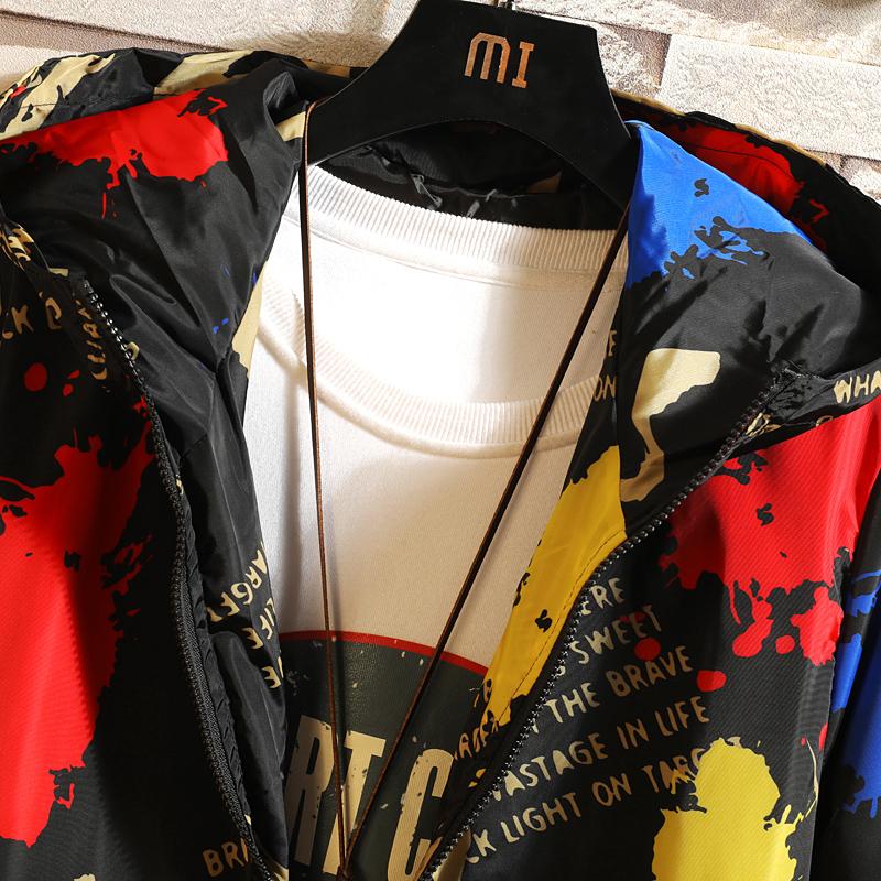 Men Casual Overalls Jacket Hooded Black Fashion Rib Sleeve Clothes Spring Coats College Letter Graffiti Young Men's Jackets