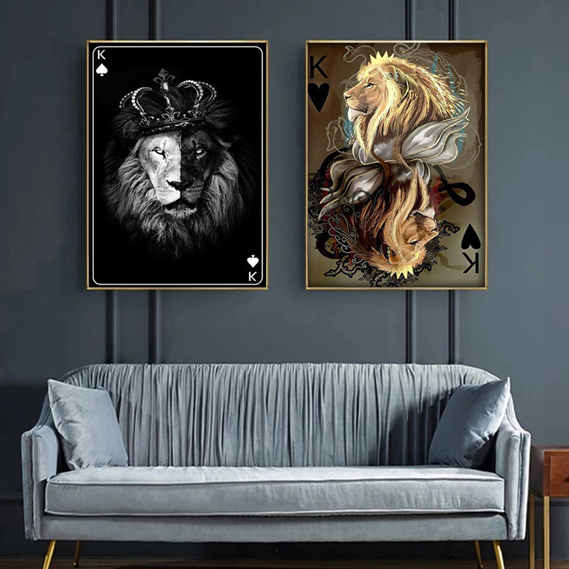 Animal Lion Poker Canvas Wall Art Canvas Print Animal Painting Posters and Prints Retro Decorative Wall Pictures for Living Room