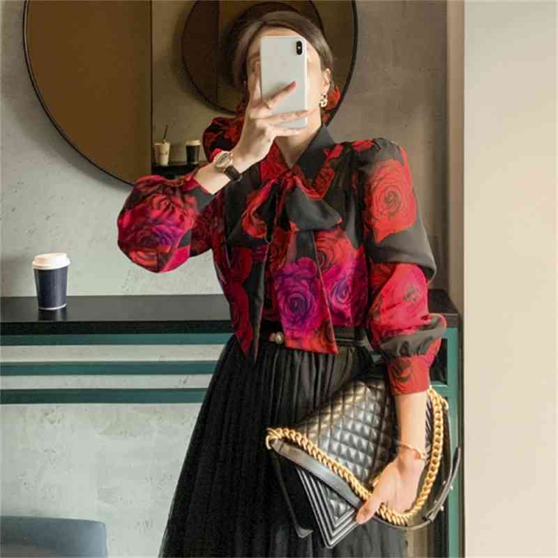 Korea Women Fashion Bowknot Chiffon Blouse Long-sleeved Rose Printed Blouses OL Work Wear Casual Shirt Blusas 210519