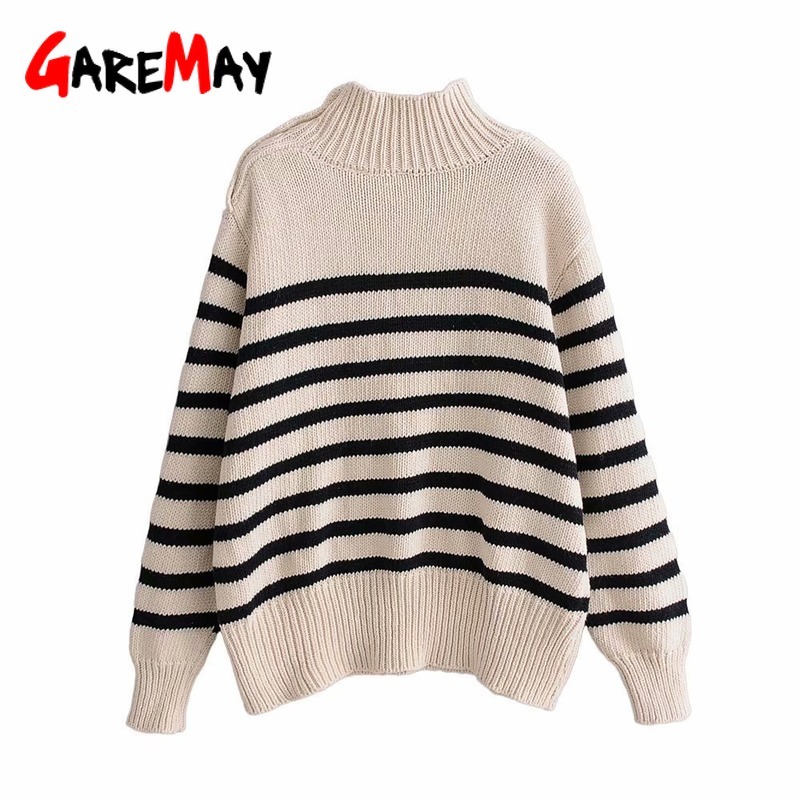 Oversized Striped Turtleneck Sweater Female Winter White Knitted Jumper Button Loose Fashion Womens Pullover 210428
