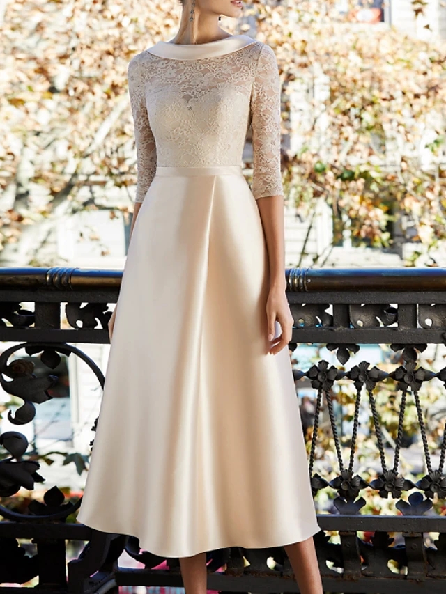 Champagne Mother of the Bride Dress 2025 Elegant Jewel Neck Tea Length Lace Satin Half Sleeve Formal Wedding Guest Gown